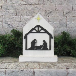 A sign kit featuring a manger scene in black and white