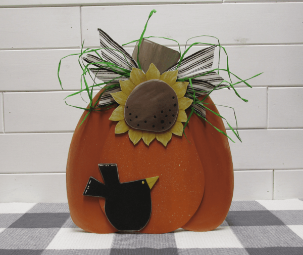 Wooden Prim Pumpkin w Bird and Sunflower - Image 2