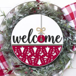 Painted version of wooden sign kit saying Welcome with Christmas Trees.