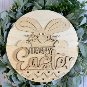 Unfinished version of wooden sign kit saying Happy Easter.